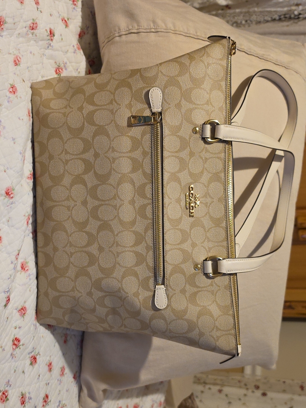 Coach Neutral Signature Tote with White Trim and Gold Hardware